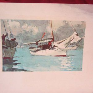 VTG 50'S WINSLOW HOMER PRINT "FISHING BOATS, KEY WEST" WATERCOLOR ART PRINT